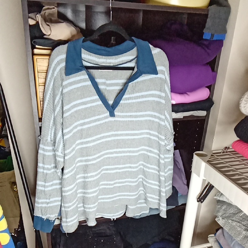 We The Free Striped V-Neck Sweater with Blue Collar
